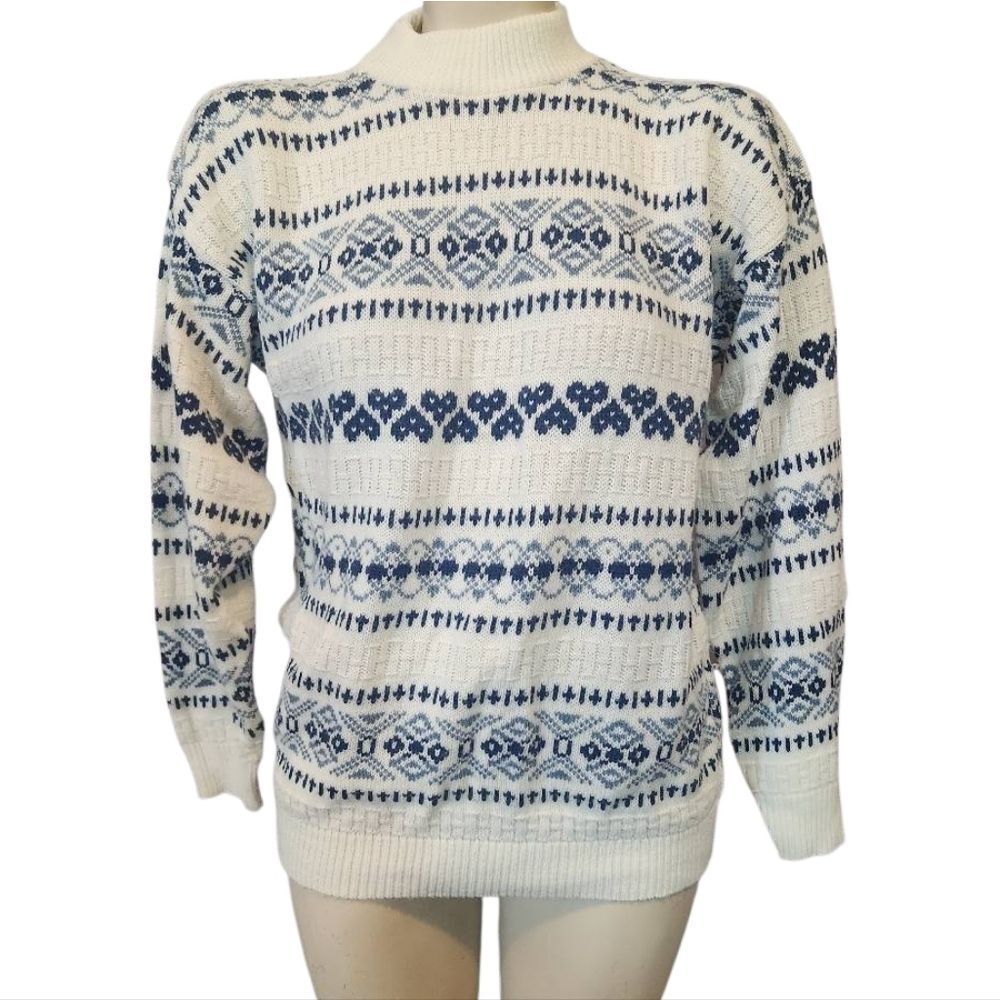 Women's American Pride Vitnage White and Blue Patterned Sweater Size Large